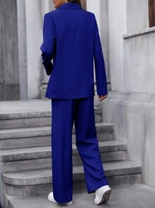 Calvaya Women's Solid Color Suit Set With Lapel Collar Jacket And Long Pants