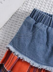 Baby Girl Frayed Denim And Plaid Pleated Skirt With Washed Design - Orange - View 5