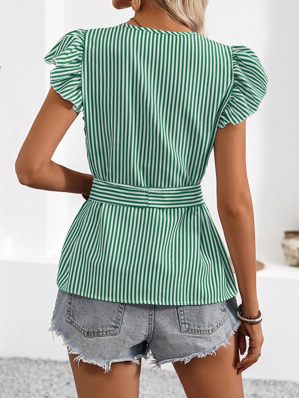 Striped Shirt With Cinched Waist Waist, Short Flounce Sleeves