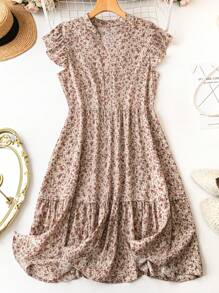 SHEIN LUNE Đầm cổ chữ V in hoa cỡ lớn thanh lịch cho mùa hè dành cho nữ - Bụi hồng - Xem 1