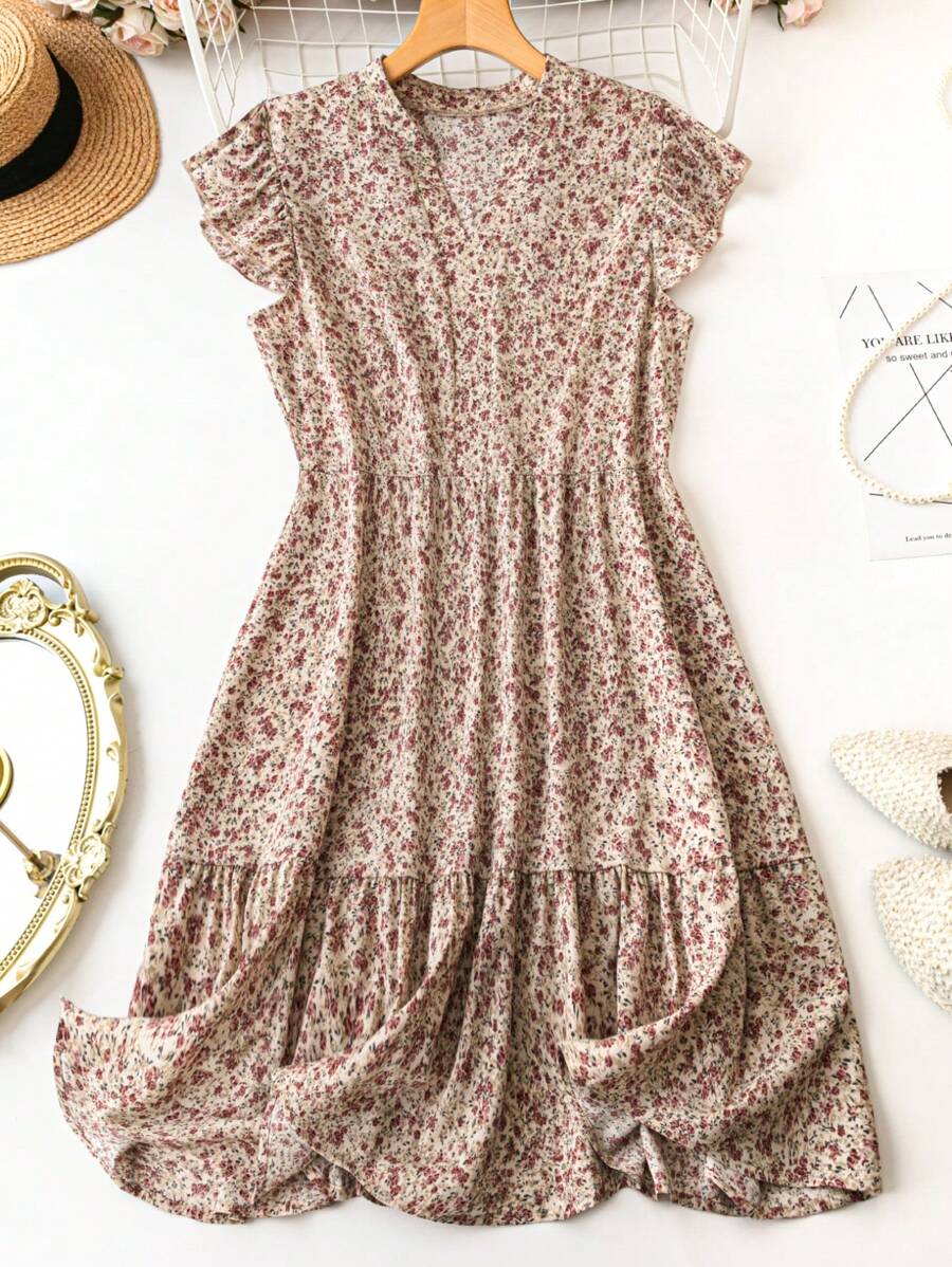 SHEIN LUNE Đầm cổ chữ V in hoa cỡ lớn thanh lịch cho mùa hè dành cho nữ - Bụi hồng - Xem 1