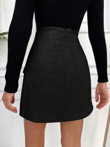 SHEIN PETITE Button Front Flap Detail Skirt - Black - View 2