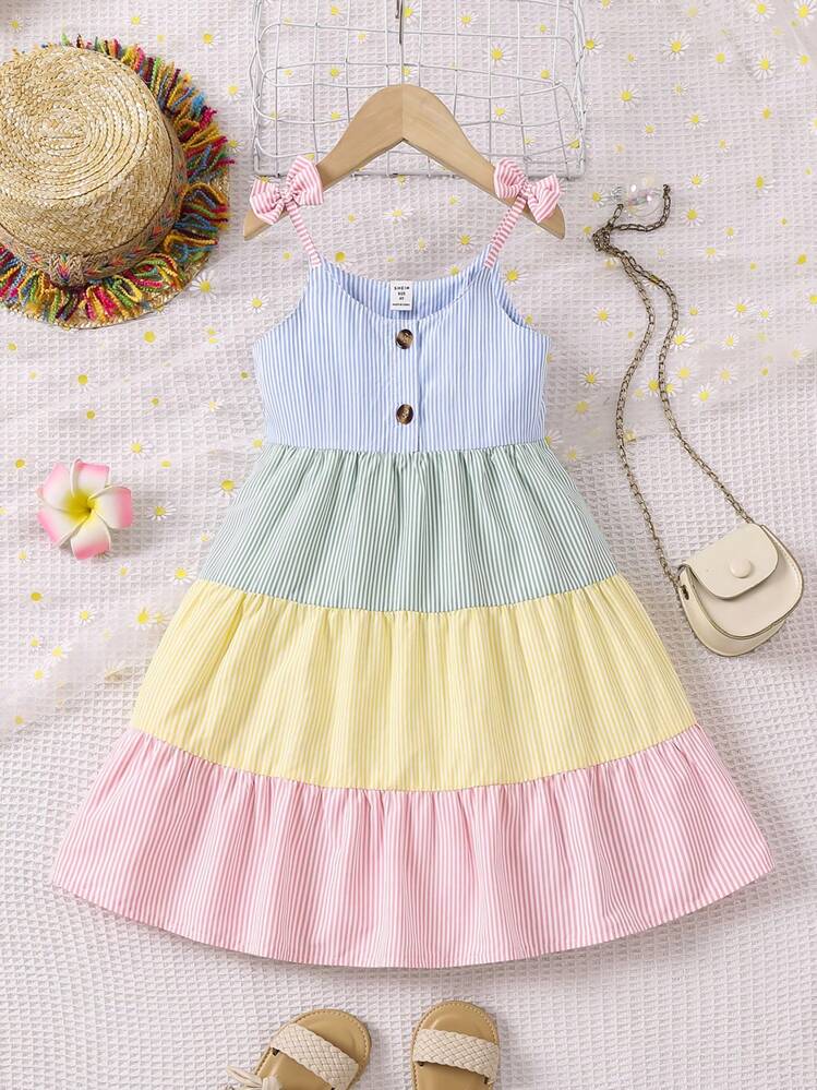 SHEIN Váy xếp lớp dây đeo spaghetti sọc màu thường ngày cho cô gái trẻ cho mùa hè - Nhiều màu - Xem 4