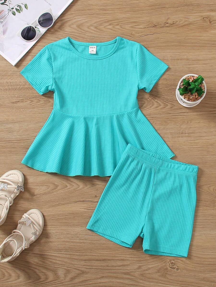 SHEIN 少女夏季休閒條紋短袖上衣和短褲 - 綠色 - 查看 1