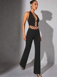 Hauture Embellished Linked Halter Jumpsuit, Minimalist Style Suitable For Summer - Black - View 2