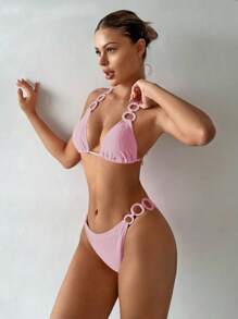 SHEIN Swim Solid Texture Ring Detail Two Pieces Bikini Set Summer Beach - Baby Pink - View 5
