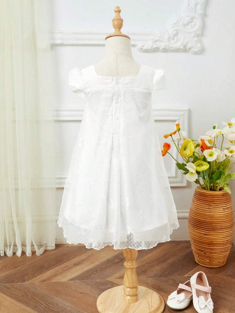 Young Girl's Gorgeous  Solid Color Lace Short Sleeve Dress With Bowknot