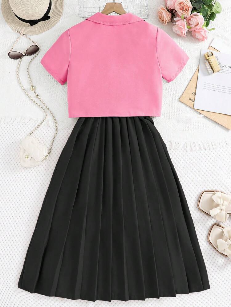 Teen Girl Short Sleeve Top And Spaghetti Strap Dress 2pcs Set, Suitable For Summer