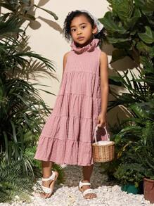 SHEIN 年輕女孩鬆身設計的休閒氣質，荷葉邊露肩無袖層次性假日連衣裙 - 粉色 - 查看 5