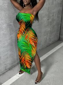 Slaydiva Summer Sleeveless Leaf Printed Split Hem Bodycon Women Dress - Green - View 3