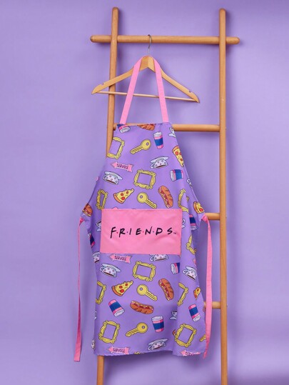 FRIENDS X SHEIN 1pc Purple Apron With Letter And Cartoon Print,Kitchen,Bathroom,Home,Household Suppliers,Gifts