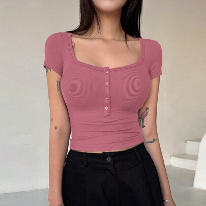 여성용 여름 솔리드 컬러 반쪽 플래킷 슬림 핏 크롭티