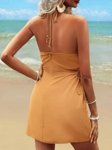 Breezaya Summer Strapless Beaded Splicing Holiday Women's Dress - Yellow - View 2