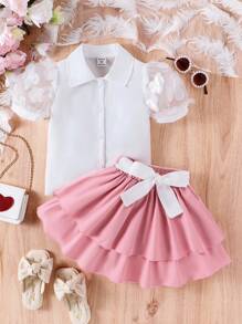 SHEIN طقم بأكمام وتنورة مكشوفة بطابع عتيق وربطة عنق مزينة بزهور لفتاة صغيرة بأسلوب جذاب وبسيط - وردي - مشاهدة 7