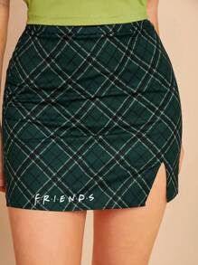FRIENDS X SHEIN 休閒時尚字母和咖啡印花高領綠色背心和格紋裙子套裝，帶有劈開式下擺 - 彩色 - 查看 5