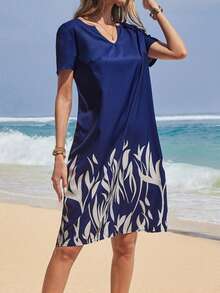 EMERY ROSE Women's Vacation Plant Printed V-Neck Short Sleeve Dress With Notched Collar Blue Dress - Blue - View 5