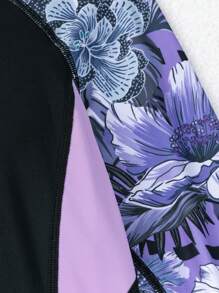 Swim SPRTY Summer Beach Contrast Tropical Printed Long Sleeve One-Piece Rashguard - Multicolor - View 4