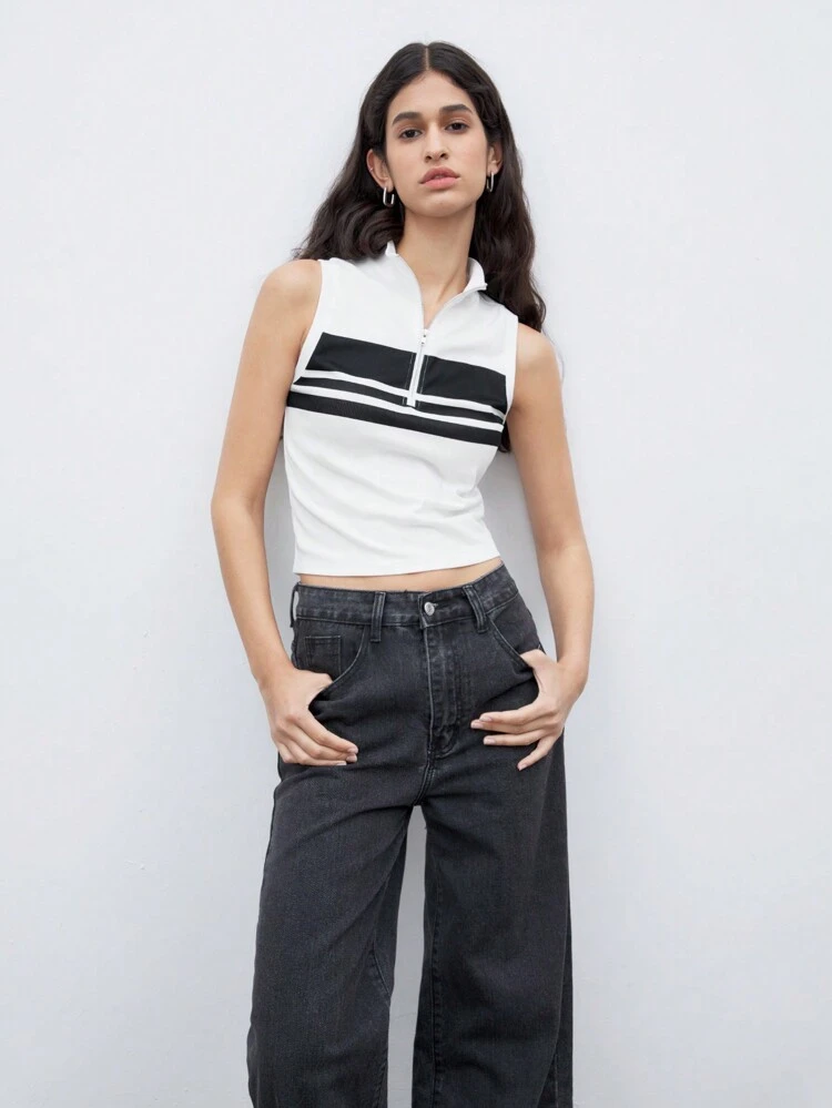 Summer Casual Color Block Half-Zip Sleeveless Tank Top With Slim Fit