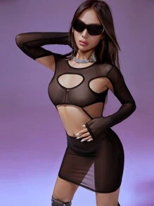 SHEIN Unity 純色中空透視網眼修身連衣裙 - 黑色 - 查看 6