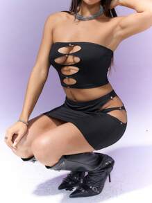 SHEIN Unity NỮ Đúng mốt Rỗng Gợi cảm Buổi tiệc Bộ - màu đen - Xem 6