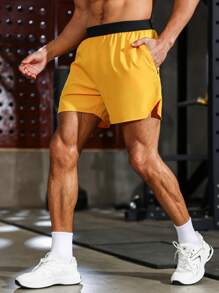 Manfinity 男友风男士拼色松紧腰侧开衩运动短裤，黄色短裤健身短裤慢跑短裤