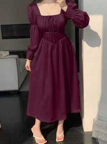 DAZY Vestido de mujer de unicolor con cuello cuadrado, manga de loto y ajuste en la cintura - Burdeos - Ver 1