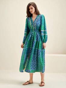 Anewsta沙灘風格接接花印花蕾絲邊燈籠袖集褶束腰v領裙 - 綠色 - 查看 4