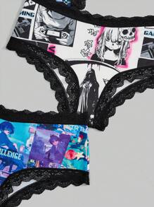 ROMWE 3pcs/Set Japanese Anime Printed Lace Trimmed Triangle Panties - Multicolor - View 3