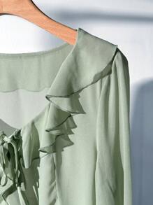 Firerie 女士绿色不对称荷叶边浪漫度假超长袖衬衫 - 綠色 - 查看 4