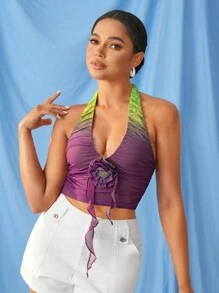 Yelly Gray Designer Ombre Halter Neck Crop Rosettes Top, Women, For Summer, Holiday, Spring, Going Out, Festival - Multicolor - View 7