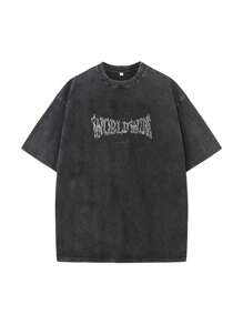 男士休闲宽松火焰字母印花落肩短袖圆领T恤 - 黑色 - 查看 1