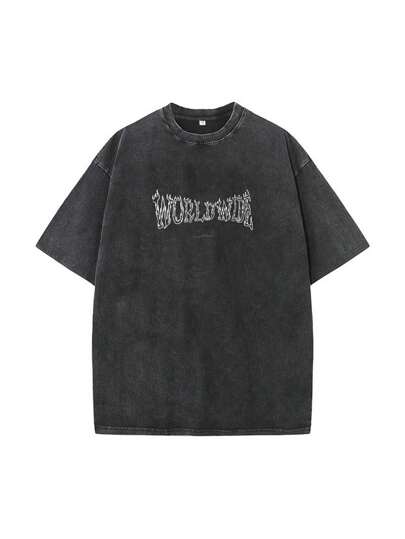 男士休闲宽松火焰字母印花落肩短袖圆领T恤