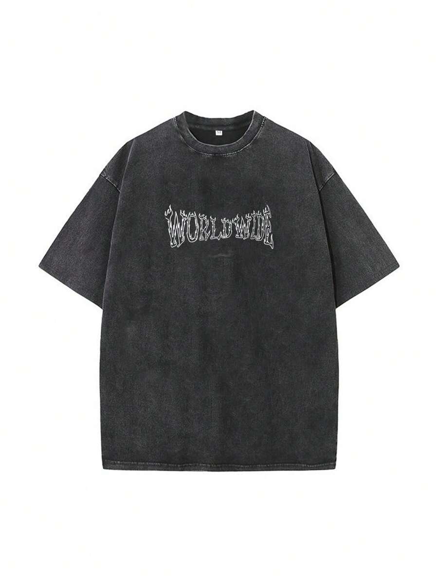 男士休闲宽松火焰字母印花落肩短袖圆领T恤 - 黑色 - 查看 1