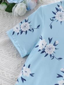 Tween Girl Floral Printed Patchwork Ruffle Hem Nightgown With One Piece Skirt For Summer - Blue and White - View 3