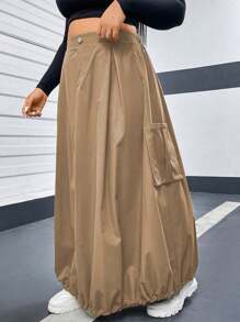 Flirla 加大號數按鈕裝飾口袋實用裙,鬱金香邊緣 - 卡其色 - 查看 6