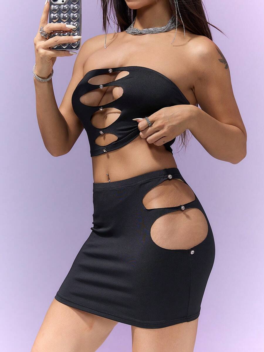 SHEIN Unity NỮ Đúng mốt Rỗng Gợi cảm Buổi tiệc Bộ - màu đen - Xem 1