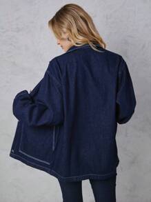 SHEIN Túi nghiêng Thả vai Áo khoác denim - Rửa tối - Xem 2