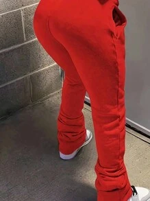 INAWLY 女士純色束口腰運動長褲 - 紅色 - 查看 5