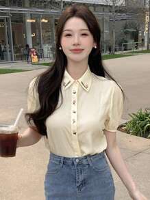 DAZY Women's Spring/Summer Floral Embroidery Bubble Sleeve Shirt - Apricot - View 5