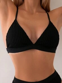 SHEIN Swim Ladies' Solid Color Ribbed Knit Bikini Set Summer Beach - Black - View 4