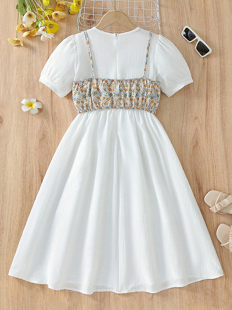 Tween Girls' Summer 3d Bow Floral Print Spaghetti Strap Tank Top And Short Puff Sleeve Bubble Hem Dress