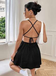 SHEIN EZwear 女性夏季細肩帶無背心領a字裙 - 黑色 - 查看 2