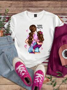 SHEIN 1 pieza Camiseta de manga corta casual a juego para madre e hija con figuras impresas en la espalda, camiseta gráfica con patrón de letras para mujeres