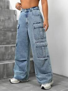 SHEIN ICON 大码女式高腰阔腿男友风牛仔裤，带口袋 - 藍色 - 查看 3