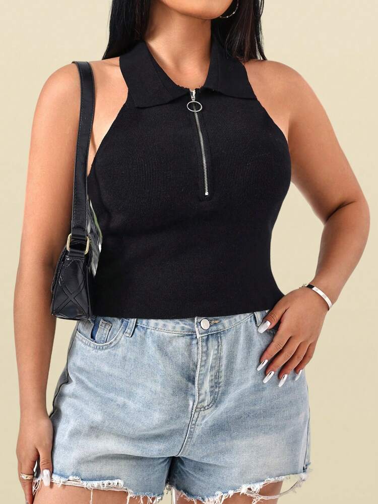 Plus Size Women's Sleeveless Knit Top With Zipper Front & Lapel Collar