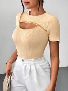 SHEIN Privé Women's Yellow Beaded Ribbon Scoop Design Summer Short T-Shirt - Yellow - View 5