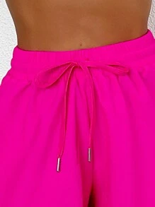 Swim Basics 女士時尚純色束口腰短褲 - 玫紅色 - 查看 3