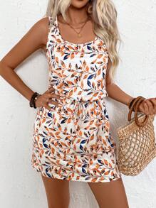 Breezaya Đầm suông không tay in hình lá mùa hè giản dị, cổ tròn, dây rút, trang phục đi biển cho nữ - Nhiều màu - Xem 6