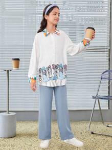 SHEIN Tween Girl Loose Cute Campus Daily Cartoon Patterned Turn Collar Shirt And Pants Set - Multicolor - View 1