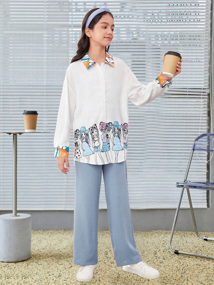 SHEIN Tween Girl Loose Cute Campus Daily Cartoon Patterned Turn Collar Shirt And Pants Set - Multicolor - View 1